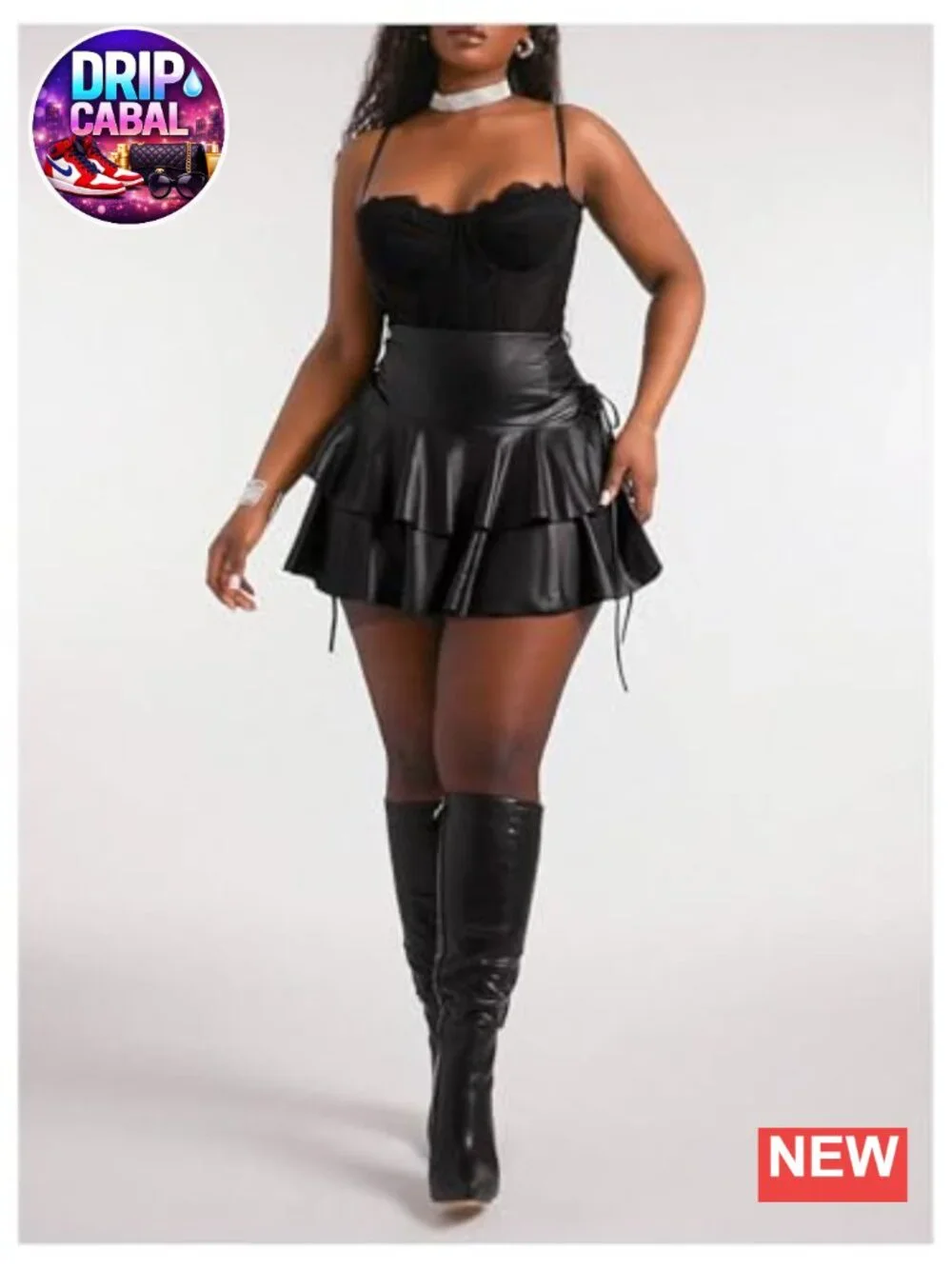 Plus Size PU Leather Ruffle Mini Skirt High Waisted Flare